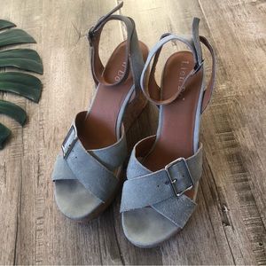Lien Do Suede Anthropologie Cork Ankle Strap Faux Buckle Mineral Green Wedges